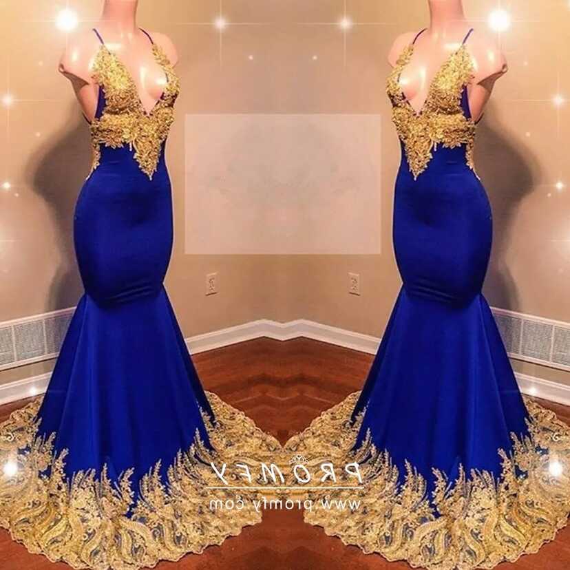 Gold Lace Appliqued Royal Blue Trumpet Prom Dress - Promfy