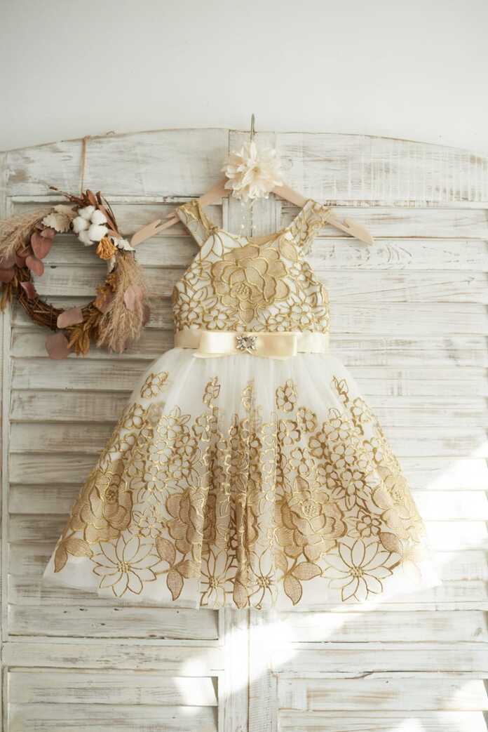 Gold Lace Ivory Tulle Straps Wedding Flower Girl Dress - Princessly