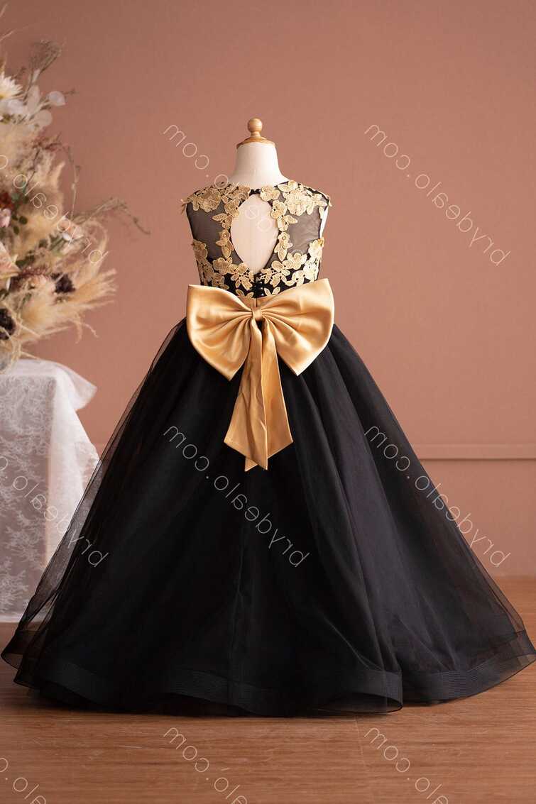 Gold Lace Pretty Bowknot Black Flower Girl Dress Online