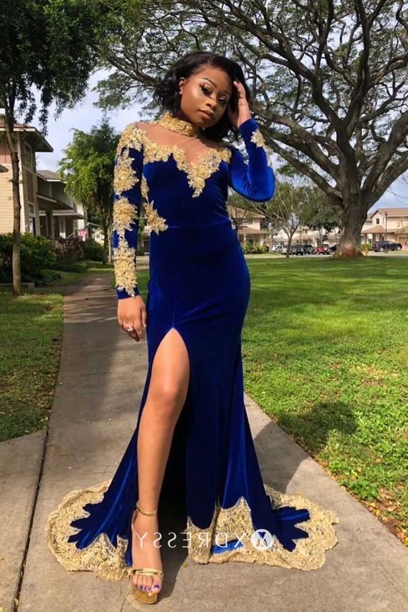 Gold Lace Royal Blue Velvet Sleeved Slit Prom Gown - Xdressy