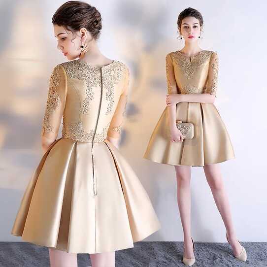 Gold Lace Satin Cocktail Dresses With Half Sleeves 2019 Knee ...