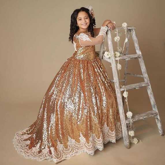 Gold Lace Sparkly Flower Girl Dresses Sequined Long Sleeves Little ...