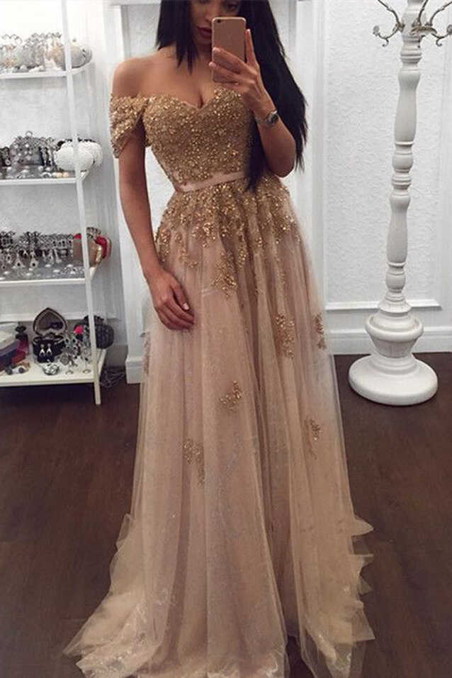 Gold Lace Tulle Beaded Sweetheart Off Shoulder Prom Dress Evening ...