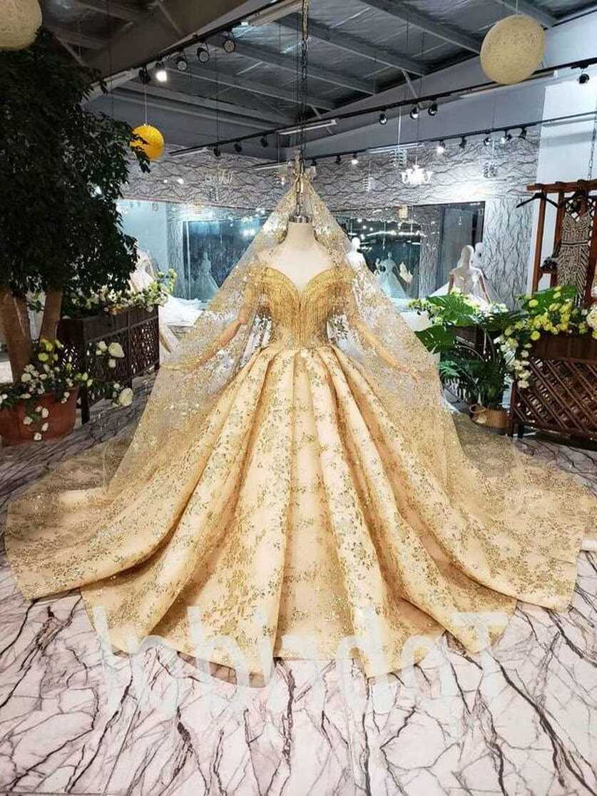 Gold Lace Wedding Dress Bling Off The Shoulder With Veil