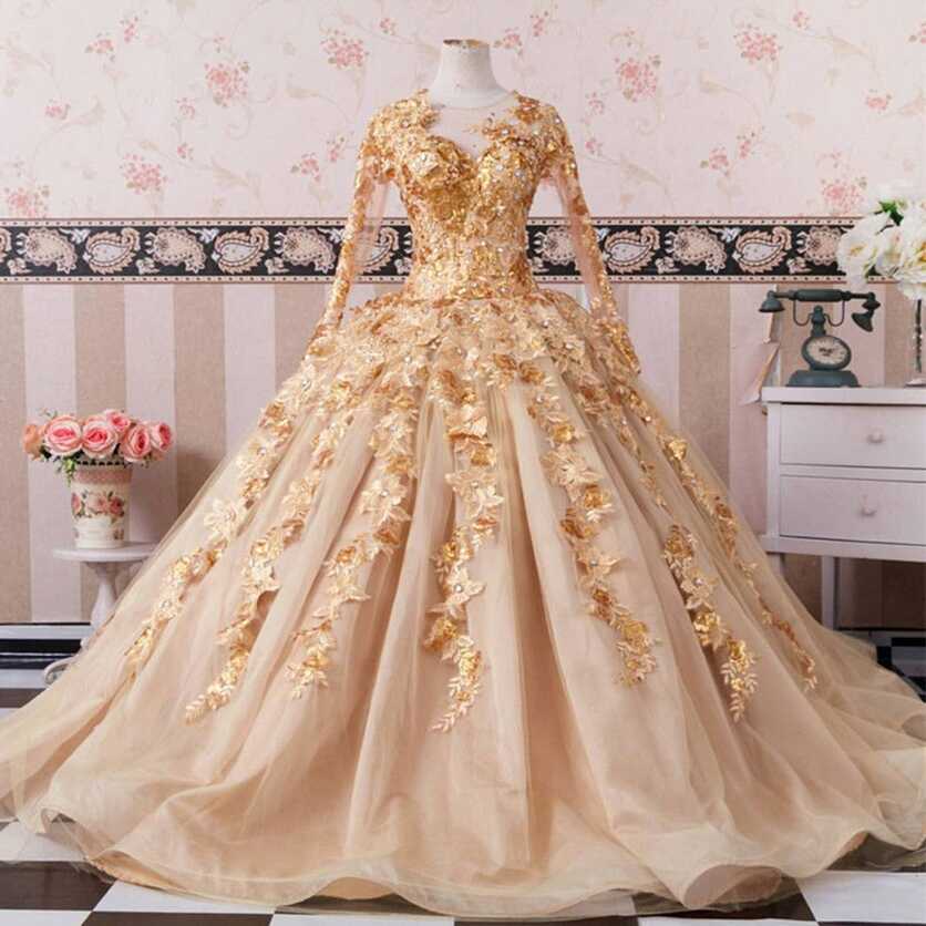 Gold Long Sleeves Wedding Dresses Ball Gowns Lace Embroidery ...