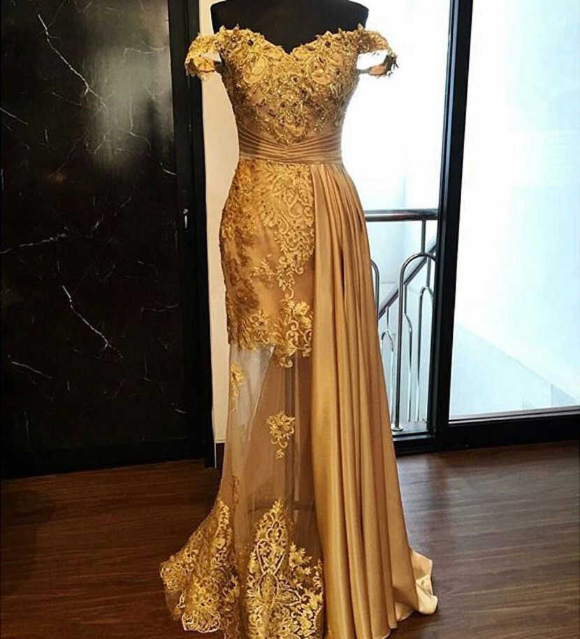 Gold Off Shoulder Evening Dresses Party Formal Prom Applique Lace ...