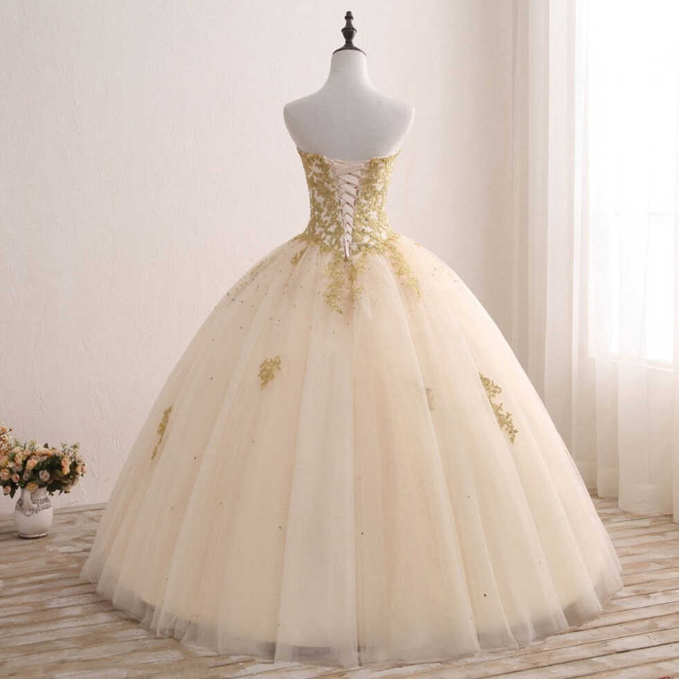 Gold Princess Ball Gown Quinceañera Lace Appliques Beaded Ball ...