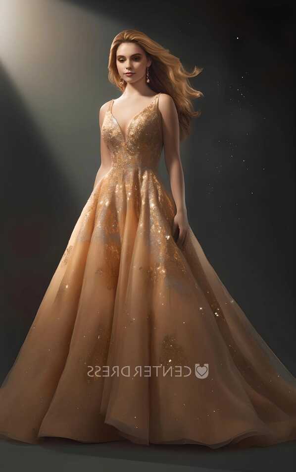 Gold Princess Ball Gown Sleeveless Tulle Sequins Evening Dress ...