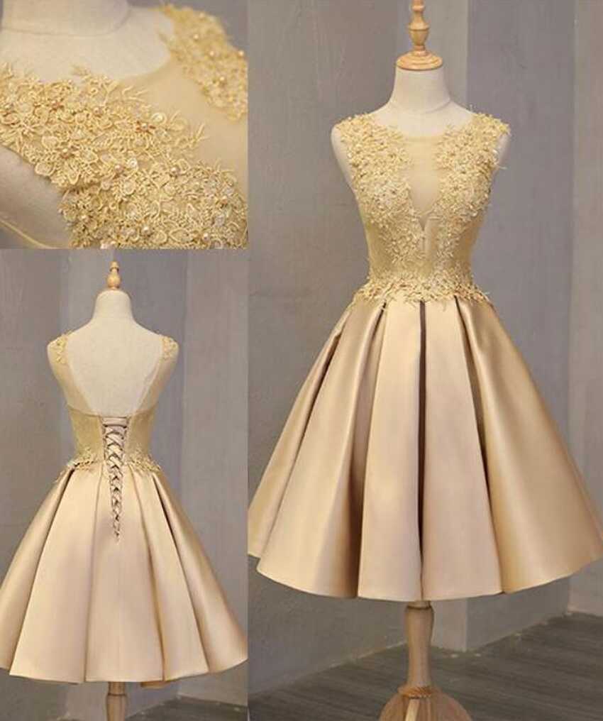 Gold Satin And Lace Short Homecoming Dresses, Charming Prom ...