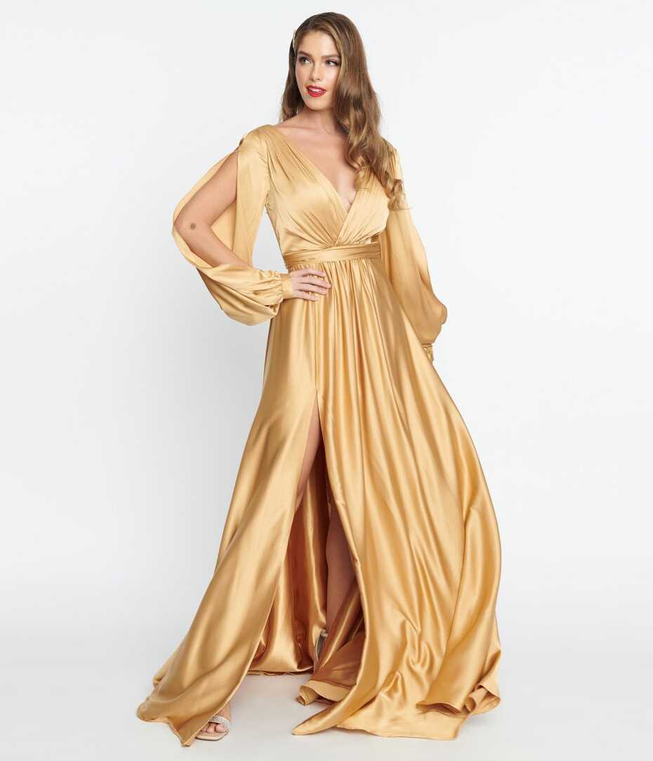 Gold Satin Long Sleeve Goddess Gown – Unique Vintage