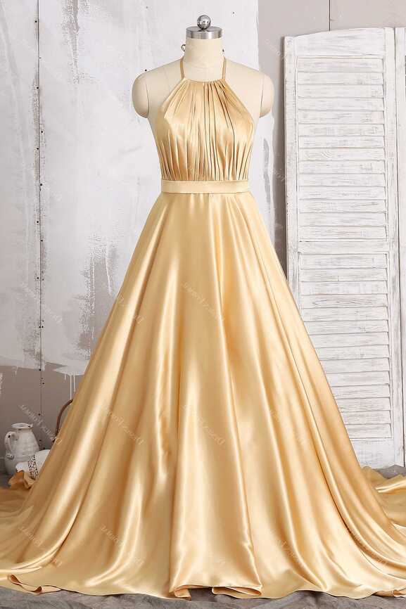 Gold Satin Pleated Halter Open Back Simple Prom Bridesmaid Dress