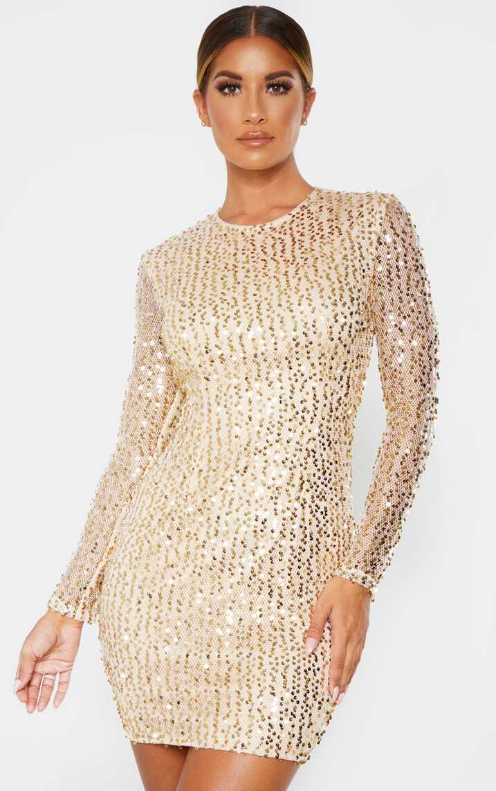 Gold Sequin Long Sleeved Bodycon Dress | PrettyLittleThing KSA