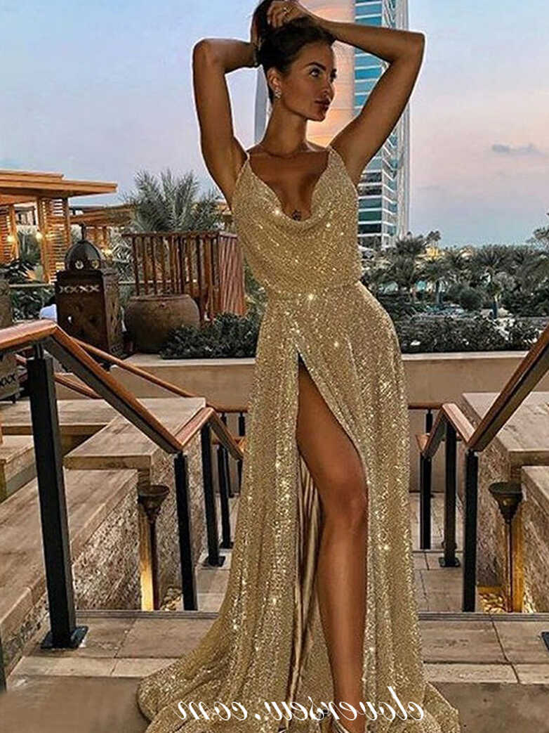 Gold Sequin Spaghetti Strap Sexy High Slit Party Dresses,CP0174 ...