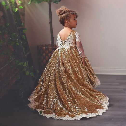 Gold Sequined High Low Flower Girl Dresses For Wedding Lace Long ...