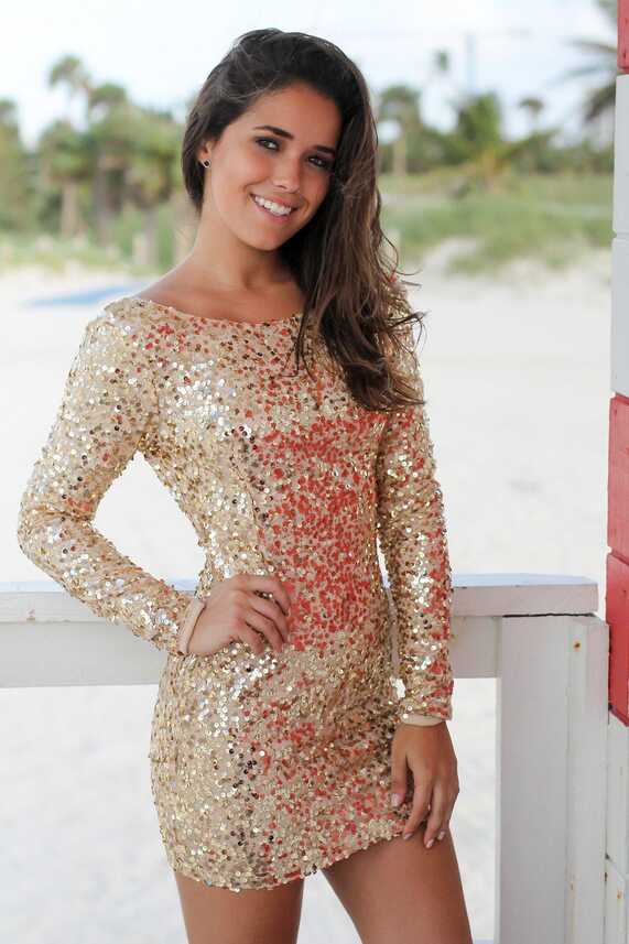 Gold Sequined Short Dress with Long Sleeves | Short Dresses ...