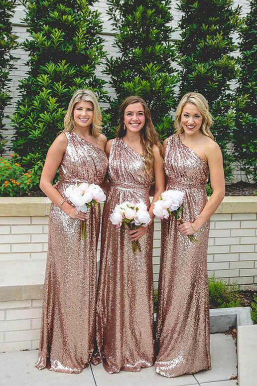 Gold Sequins One Shoulder Bridesmaid Dresses, MBD189 | Musebridals