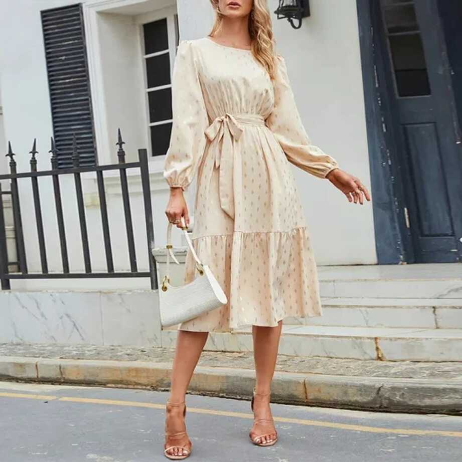 Gold Stamping MIDI Dresses O Neck Long Puff Sleeve Elegant Dress ...