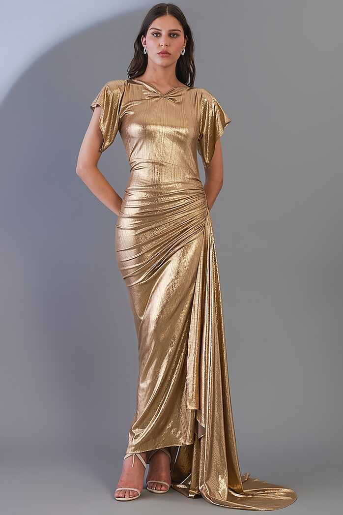 Gold Stretch Knit Foil Bodycon Gown Design by CHAM CHAM at ...