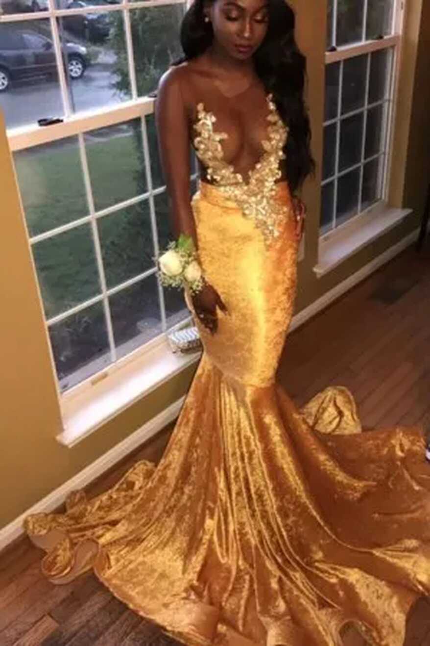 Gold Velvet Lace Appliqued Sheer Sexy Prom Dress - Xdressy