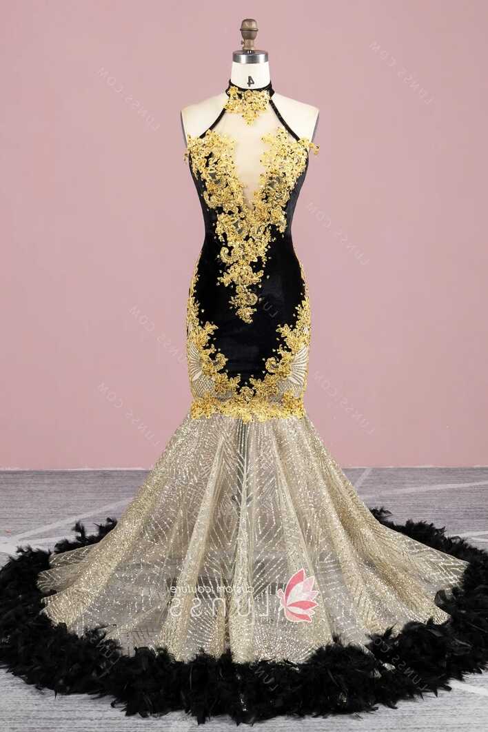 Gold and Black Glitter African American Feather Prom Gown - Lunss