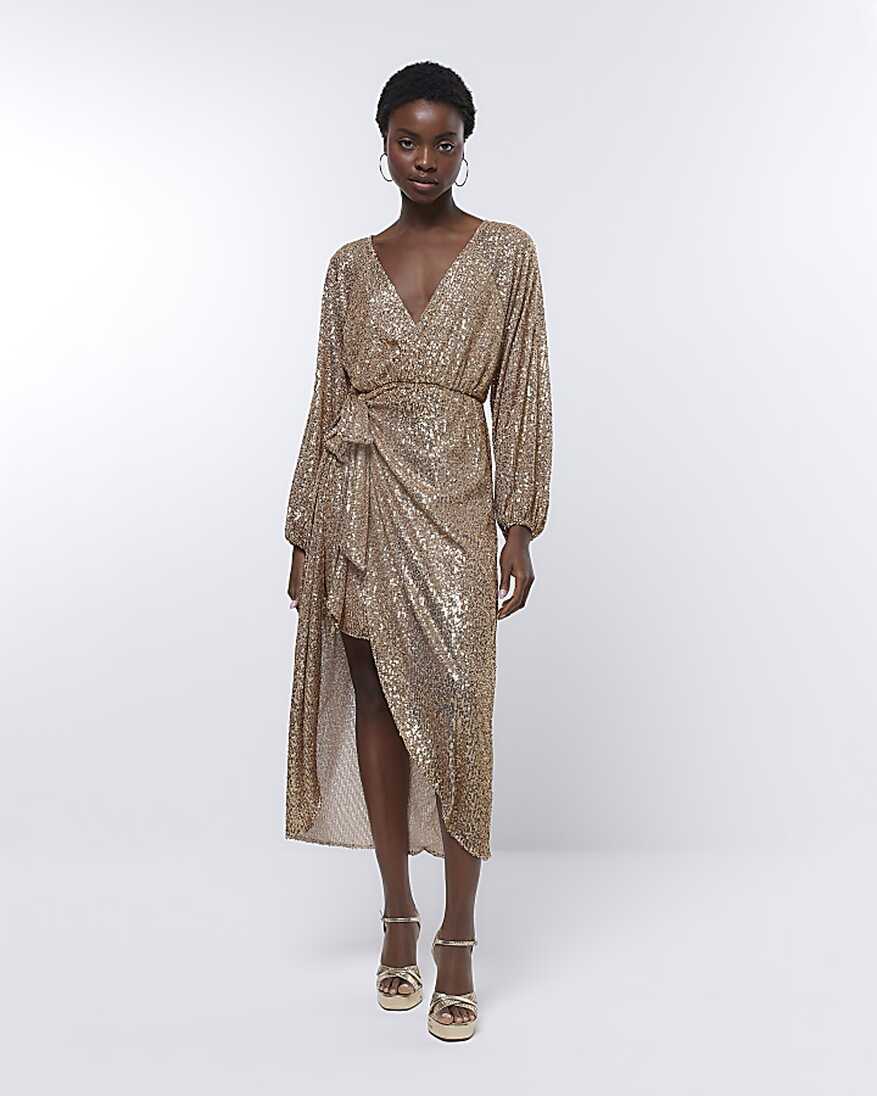 Gold sequin long sleeve wrap dress | River Island