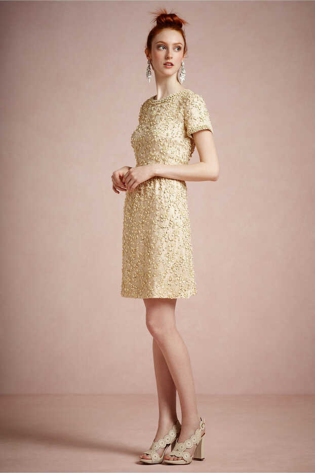 Gold vintage inspired short wedding guest dress by BHLDN