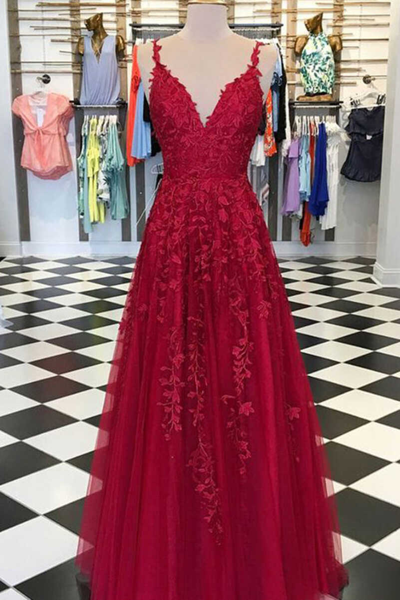 Gorgeous A-Line V-Neck Spaghetti Straps Dark Red Long Prom Dresses ...