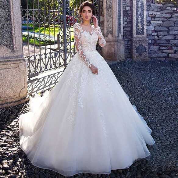 Gorgeous Appliques Full Sleeve A-Line Wedding Dresses 2020 Scoop ...