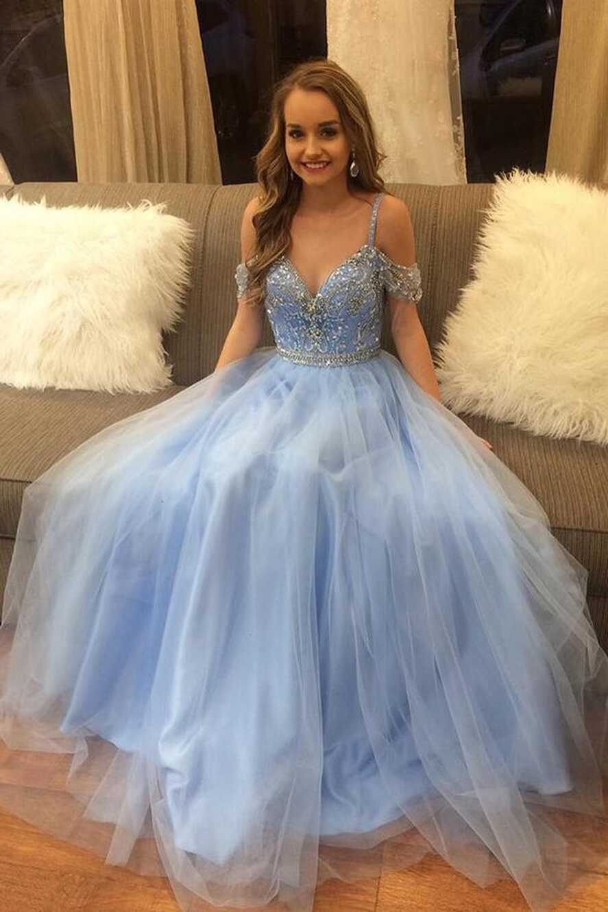 Gorgeous Blue Tulle A Line Puffy Beaded Long Prom Dress ...