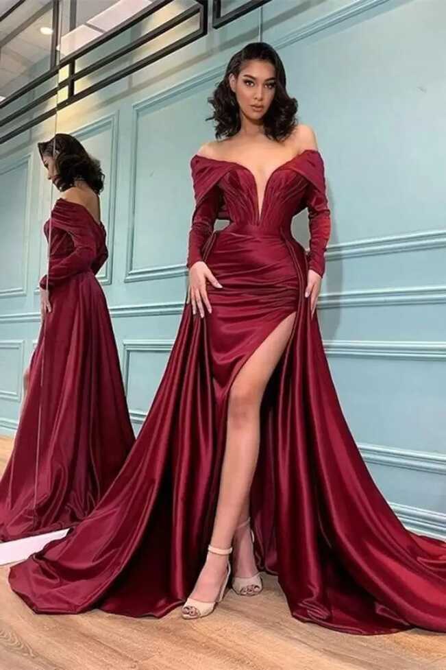 Gorgeous Burgundy Red Split Evening Dresses Arabic Off Shoulder ...