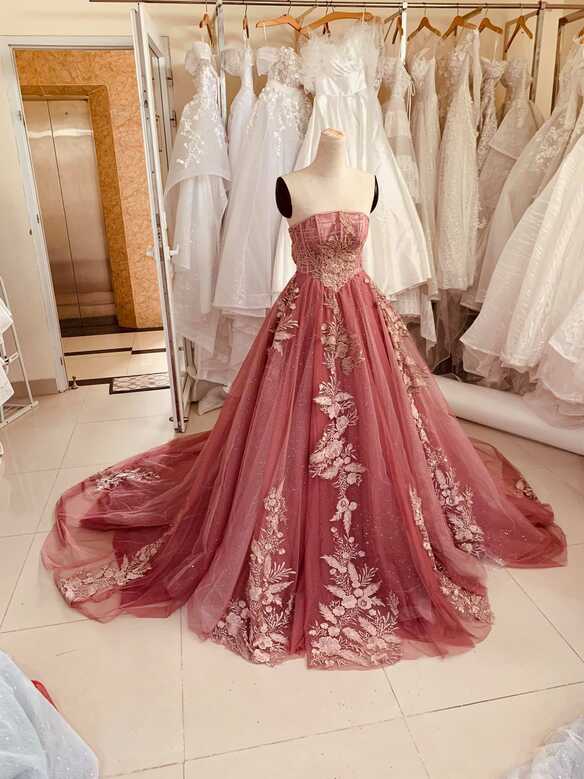 Gorgeous Dark Pink Lace Wedding Dress With Gold Details Made to ...