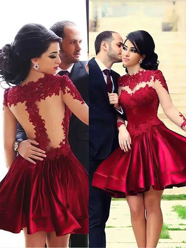 Gorgeous Elastic Woven Satin Tulle Appliques Lace Burgundy Short ...