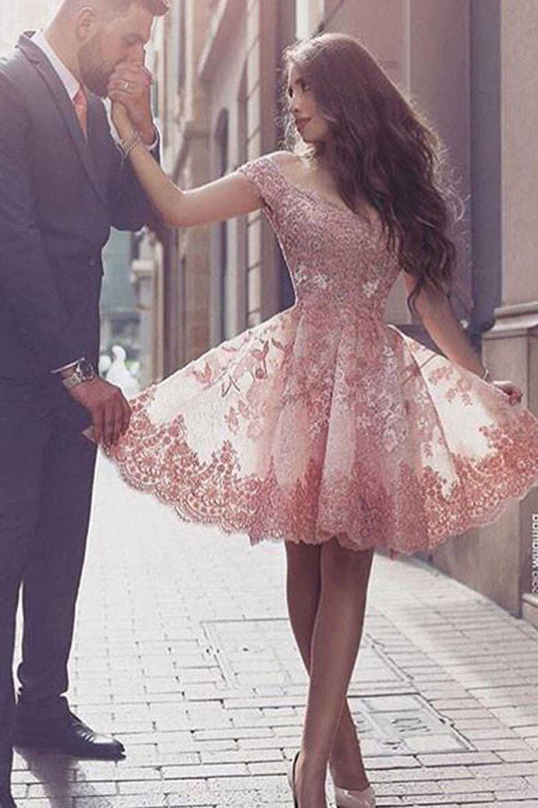 Gorgeous Homecoming Dresses, Pink Lace Off Shoulder Short Prom ...