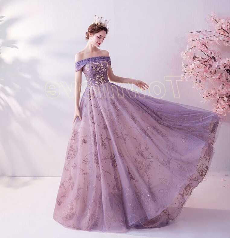 Gorgeous Lady Purple Off Shoulder Floral Princess Evening Party ...