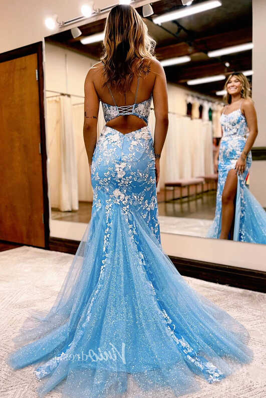 Gorgeous Light Blue Lace Applique Mermaid Prom Dress with ...