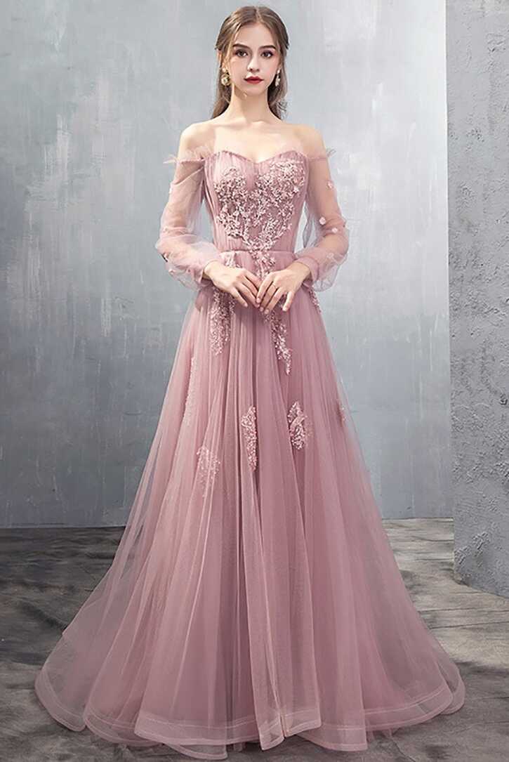 Gorgeous Long Tulle Pink Long Sleeved Prom Dress with Appliques ...