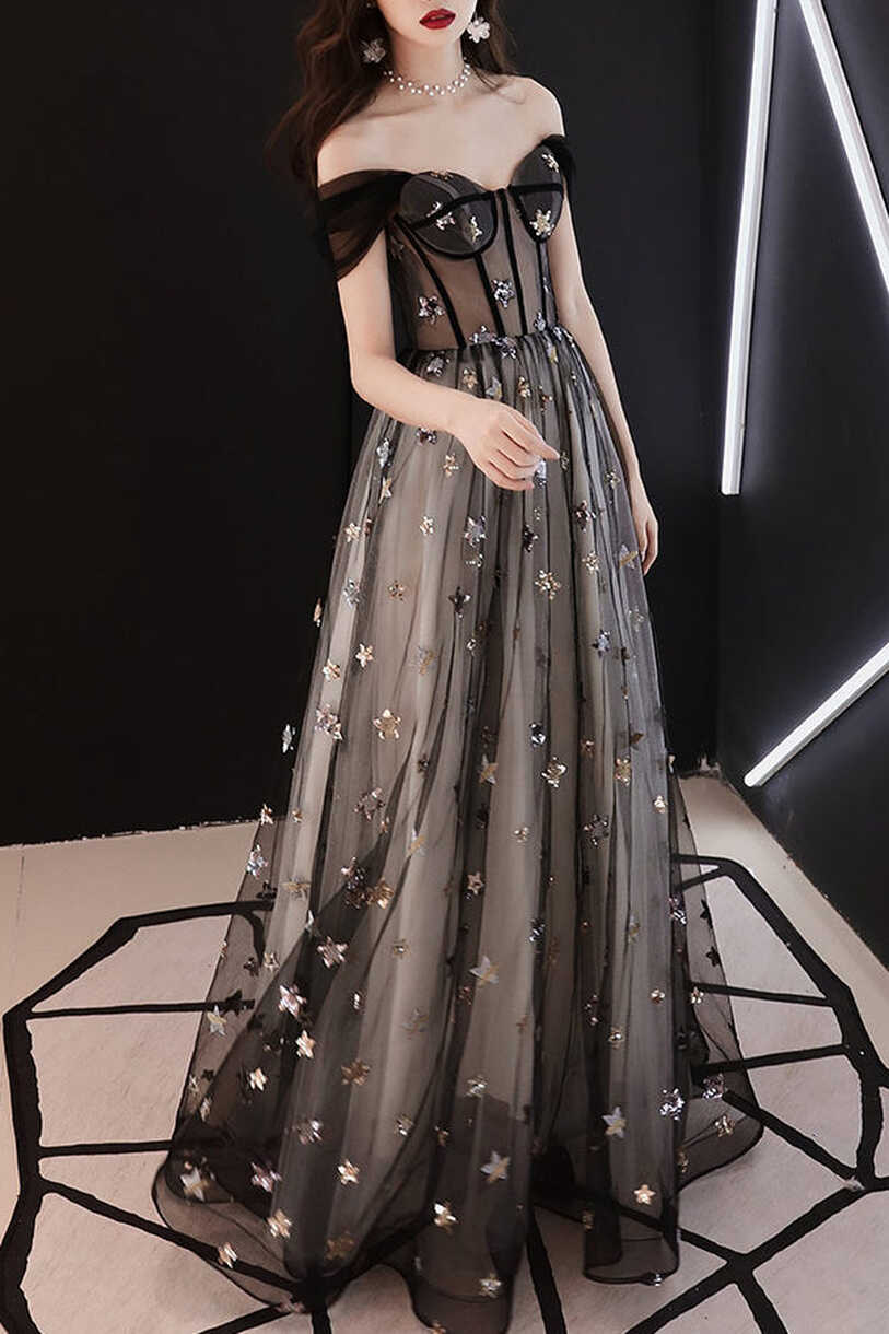 Gorgeous Off Shoulder A-Line Black Long Prom Dress with Stars ...