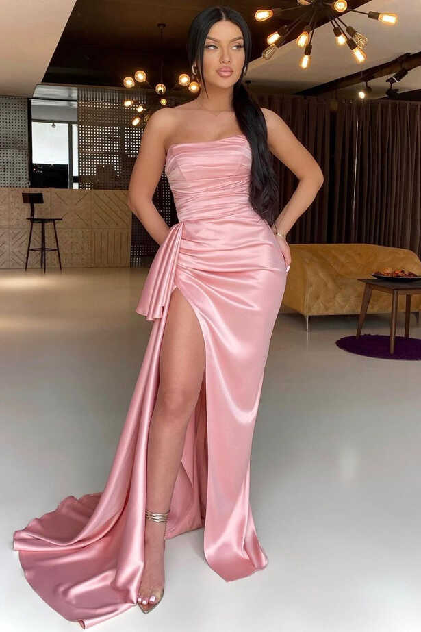 Gorgeous Pink Strapless Pleated Prom Dress Mermaid Long With Slit ...