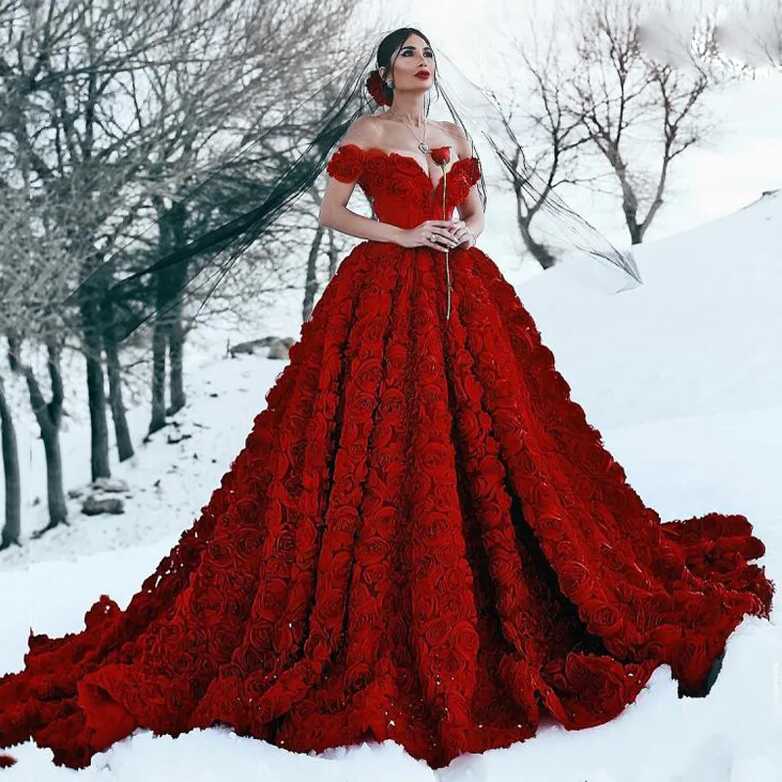 Gorgeous Red A Line Abric Dubai Wedding Dresses Off Shoulder 3D ...