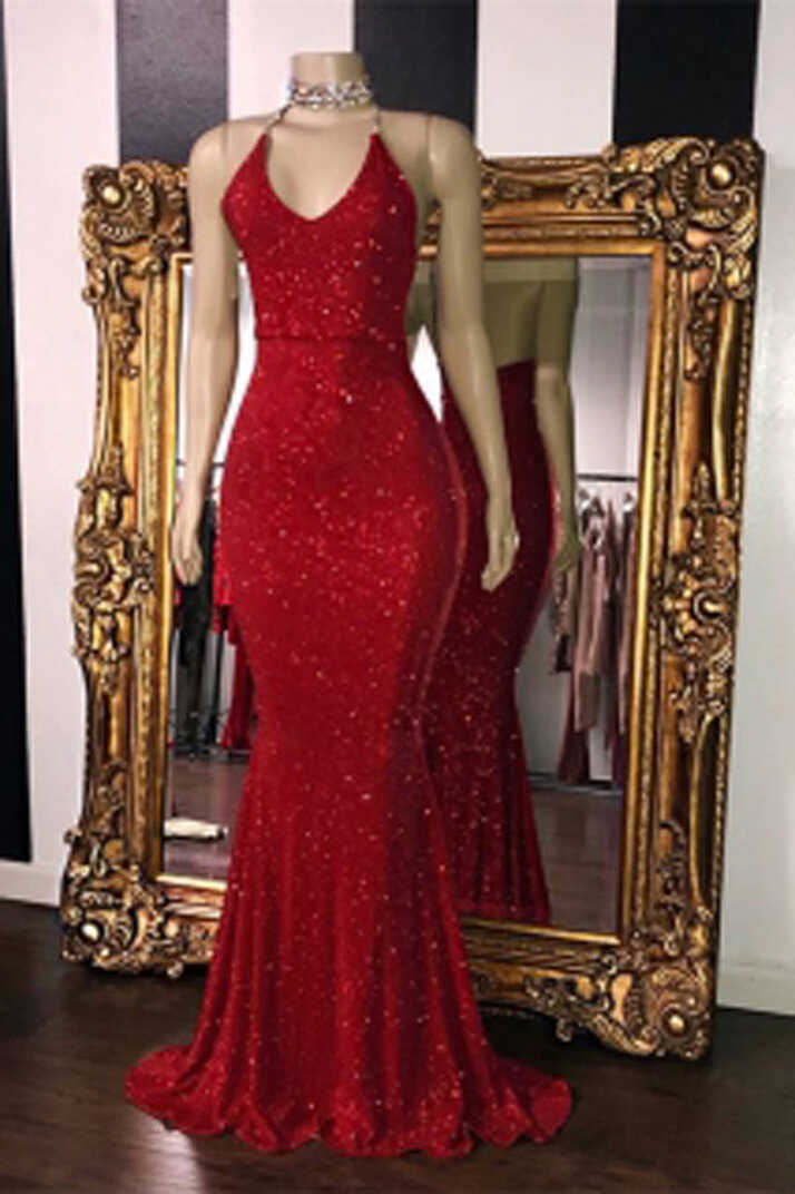 Gorgeous Red Glitter Sequins Prom Dresses Mermaid Halter Evening ...