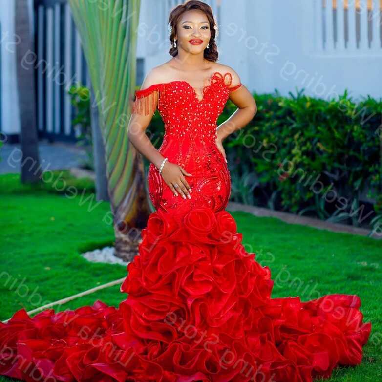 Gorgeous Red Mermaid Wedding Dress Tiered Skirts Off Shoulder ...