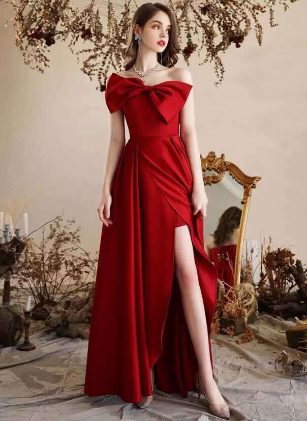 Gorgeous Red Off Shoulder Bowknot Evening Dresses Banquet Prom ...