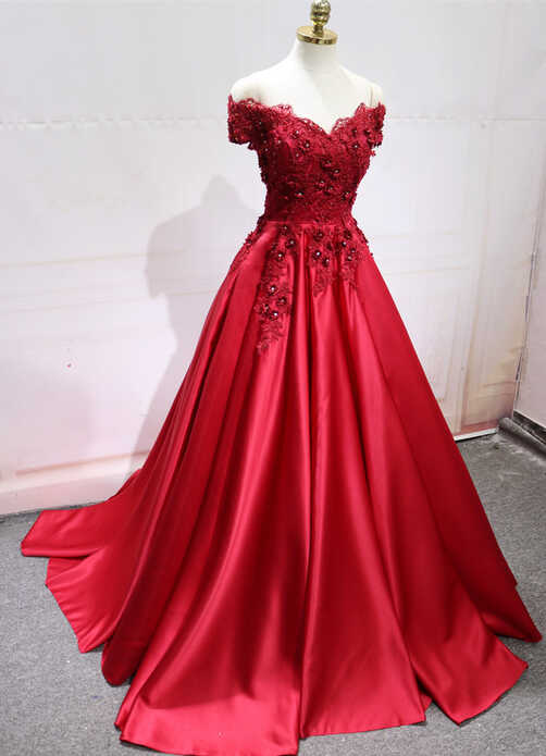 Gorgeous Red Satin With Applique Off Shoulder Long Party Dress ...