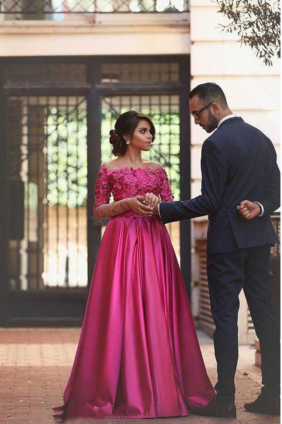 Gorgeous Satin Off Shoulder Long Sleeves Prom Dresses with ...