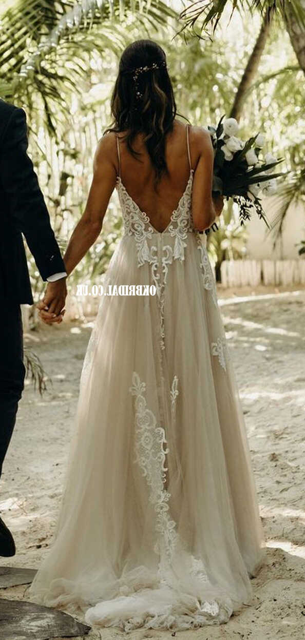 Gorgeous Spaghetti Straps Lace Backless V-neck Beach Wedding ...