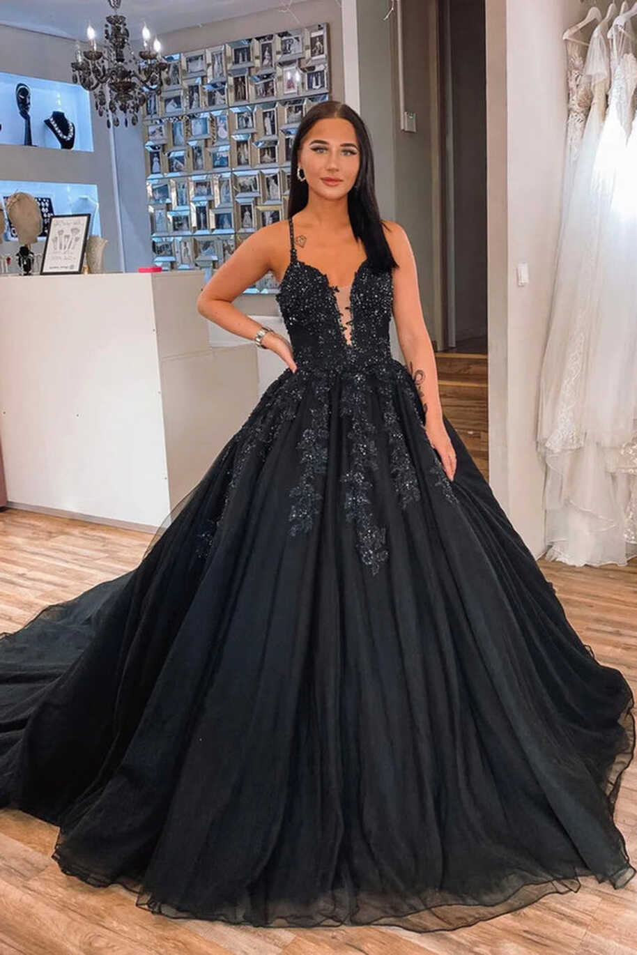 Gorgeous V Neck Beaded Black Lace Long Prom Dress, Black Lace ...