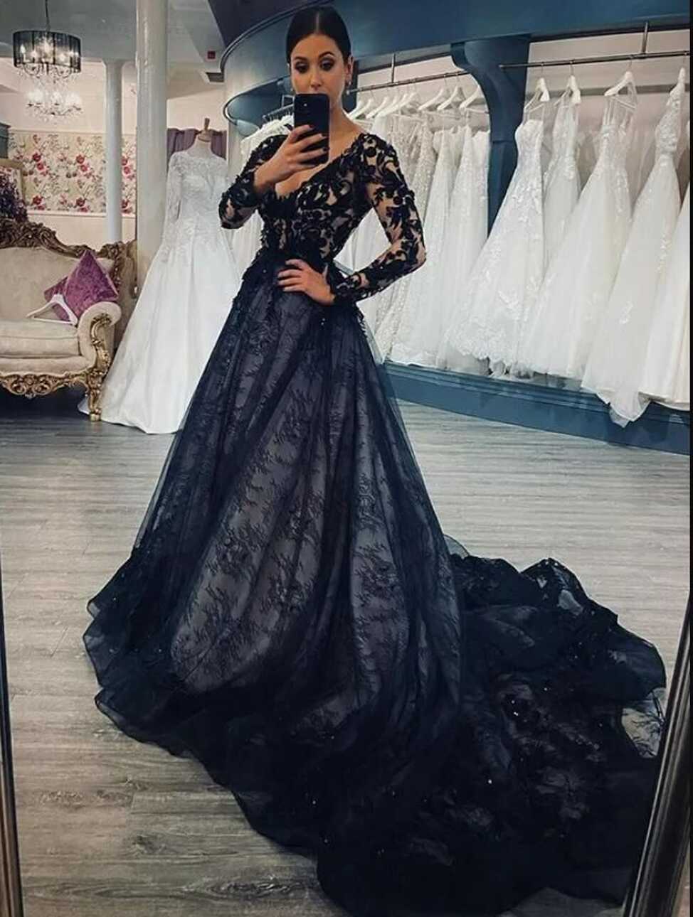 Gothic Black Lace A Line Wedding Dresses With Long Sleeves Deep V ...