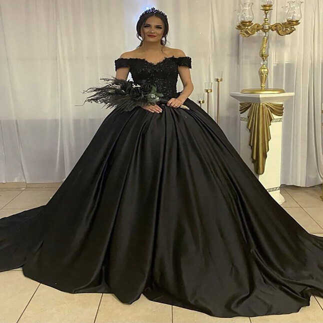 Gothic Black Satin Wedding Dress Off Shoulder Beaded Princess ...