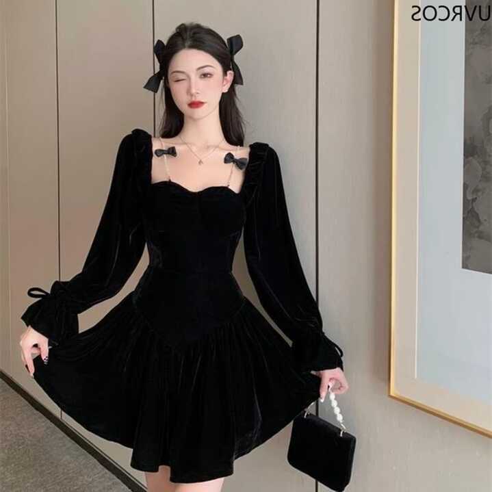 Gothic Fashion Korean Dress | Black Dress Vintage Velvet | Black ...