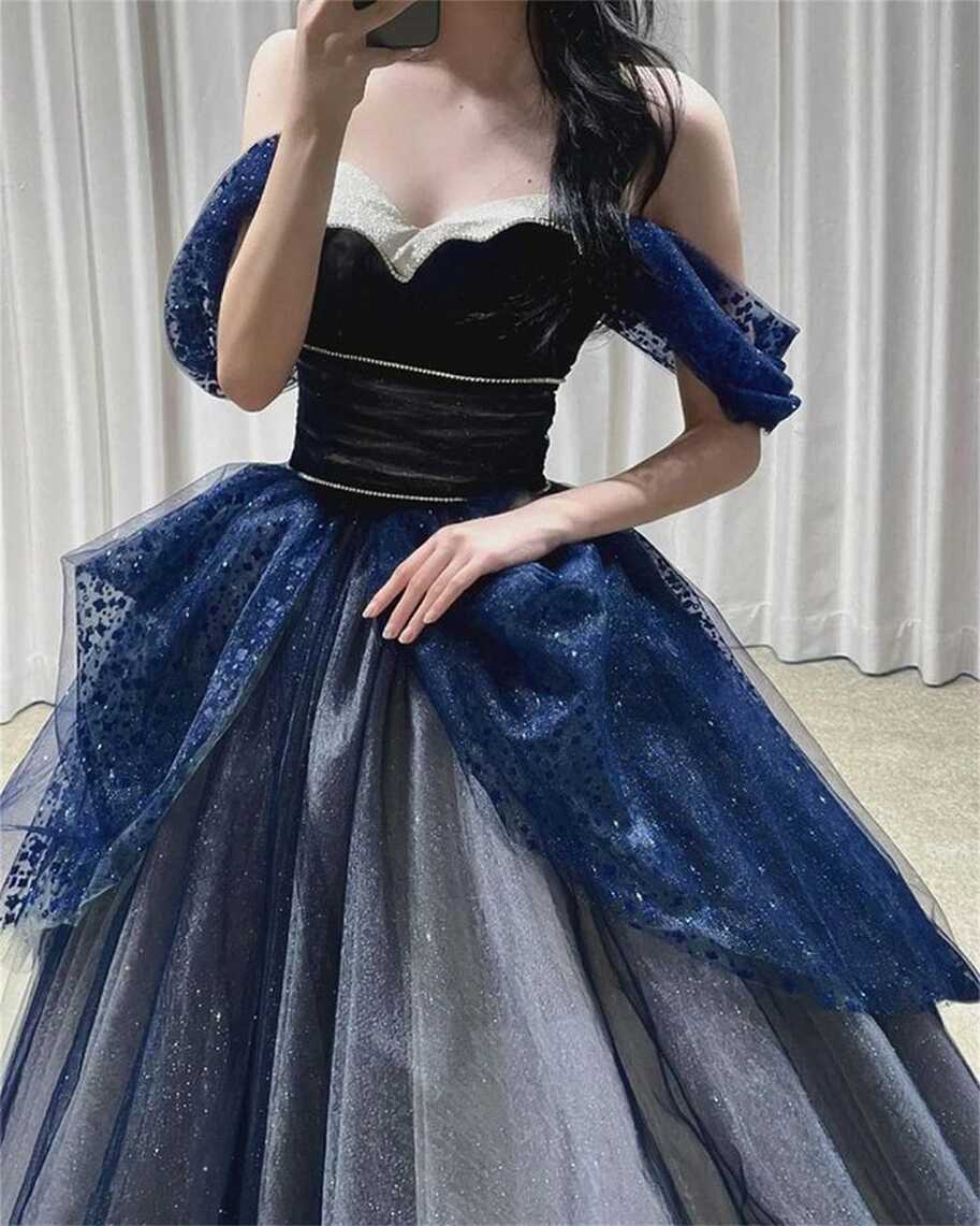 Gothic Glitter Blue Princess Tulle Prom Dress, Blue Long Evening ...